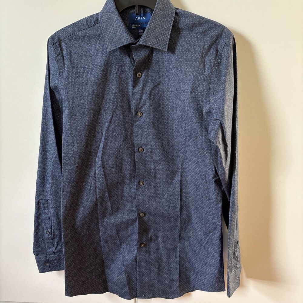APT.9 Mens Dress Shirt Premier Flex Slim Fit Size S Blue Polka Dots Long Sleeves